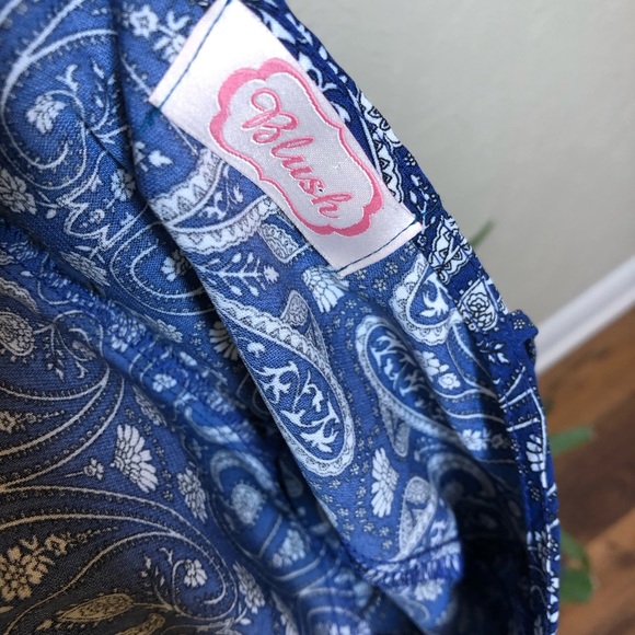 Blush Paisley Print Blue Long sleeve V-neck Romper w/ Crochet Detail Waist - Picture 6 of 9